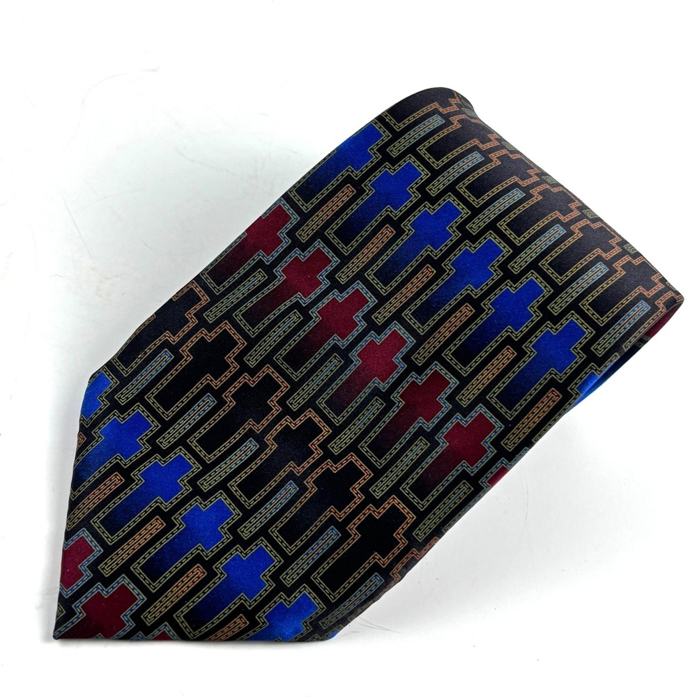 Divinity Necktie Mens Blue Burgundy Silk Geometric Cross Pattern Christian Y2K